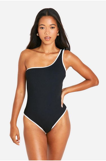 Contrast Binding Ribbed One Shoulder Swimsuit - black