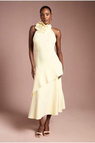 High Neck Corsage Detail Midi Dress