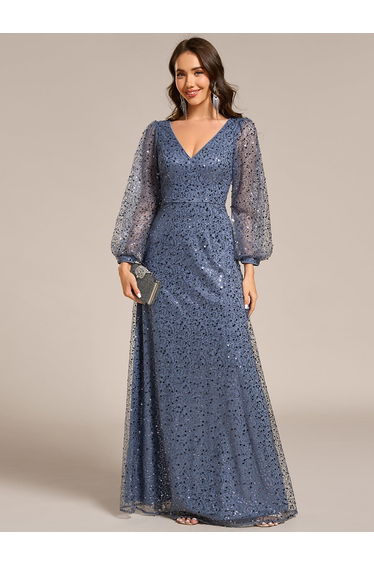 ever RAYVEN|Shimmering All Over V-Neck Long Lantern Sleeve Sequin A-Line Evening Dress