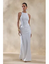 فستان ماكسي ساتان و دانتيل بتصميم لف بثنيات بياقة دائرية - أبيض - 3