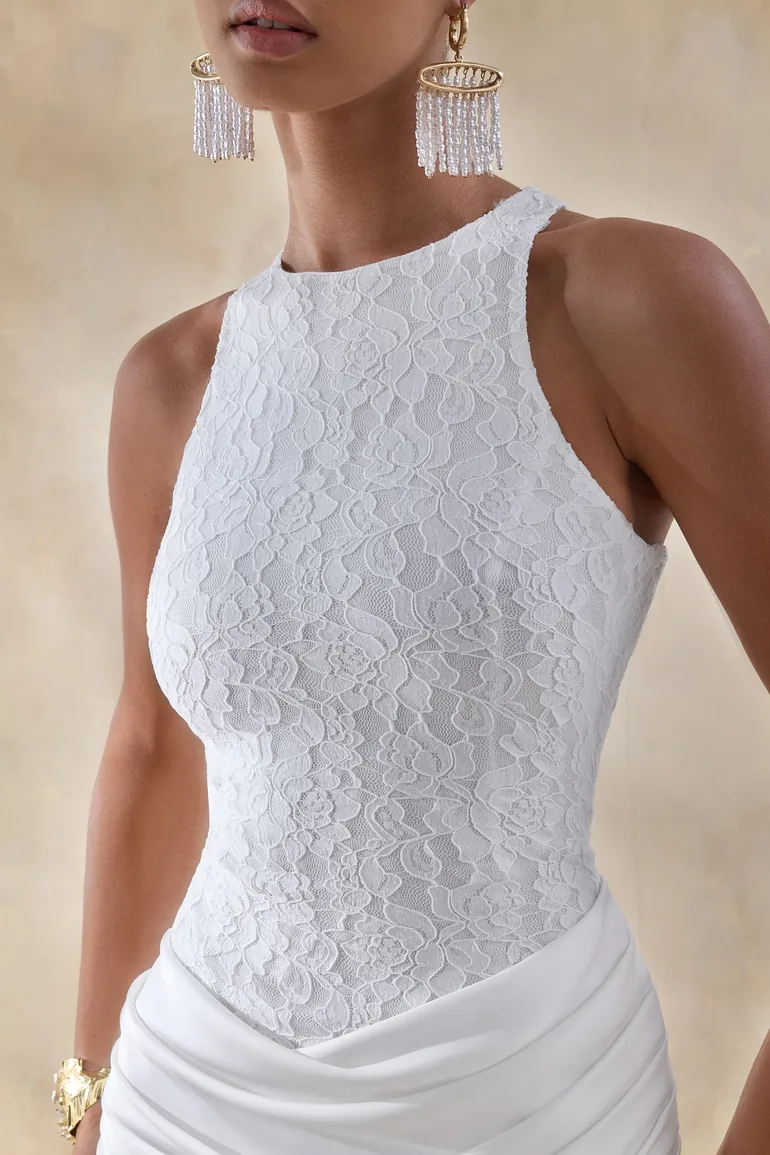 فستان ماكسي ساتان و دانتيل بتصميم لف بثنيات بياقة دائرية - أبيض - 5