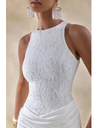 فستان ماكسي ساتان و دانتيل بتصميم لف بثنيات بياقة دائرية - أبيض - 5