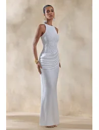 فستان ماكسي ساتان و دانتيل بتصميم لف بثنيات بياقة دائرية - أبيض - 4