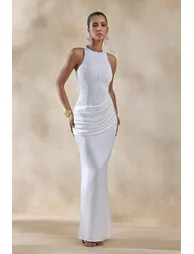 فستان ماكسي ساتان و دانتيل بتصميم لف بثنيات بياقة دائرية - أبيض