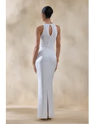 فستان ماكسي ساتان و دانتيل بتصميم لف بثنيات بياقة دائرية - أبيض - 1