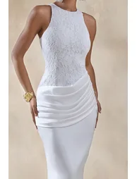 فستان ماكسي ساتان و دانتيل بتصميم لف بثنيات بياقة دائرية - أبيض - 2