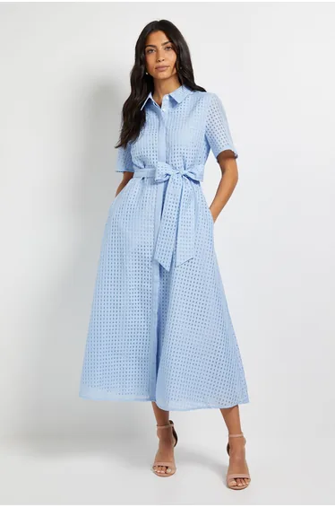 Check Organza Belted Midi Shirt Dress