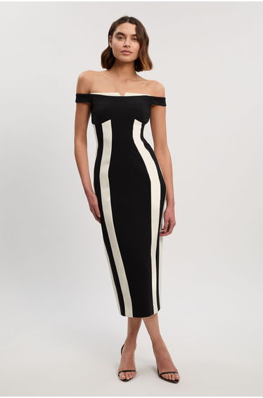 Compact Stretch Colour Block Tailored Bardot Dress