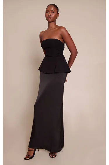 Black Tailored Peplum Hem Maxi Dress