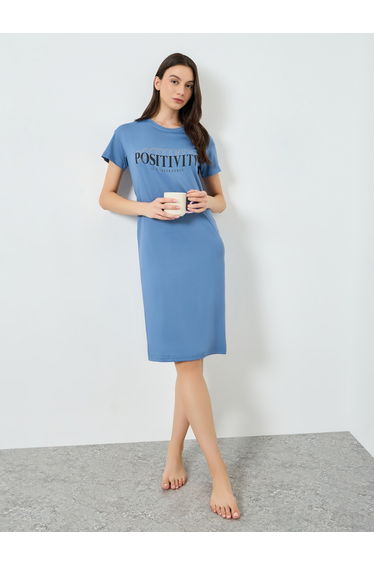 Blue Slogan Print T-Shirt Dress