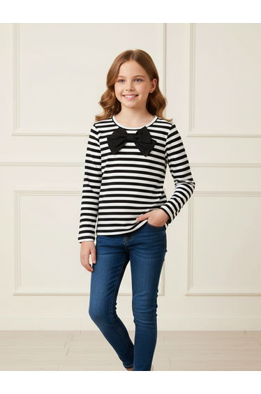 Girls Striped Bow Detail Long Sleeve T-Shirt