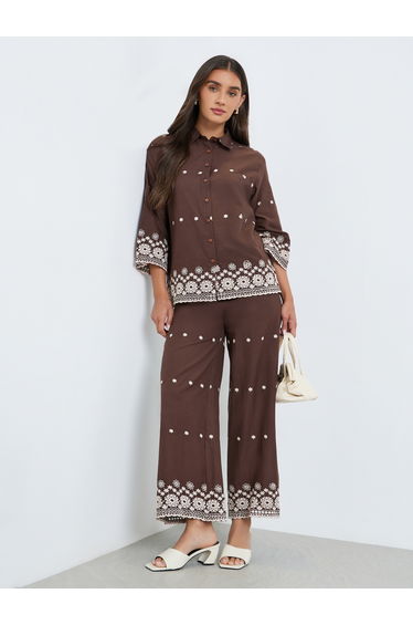 Women Brown Embroidered Shirt and Trousers Co-Ords