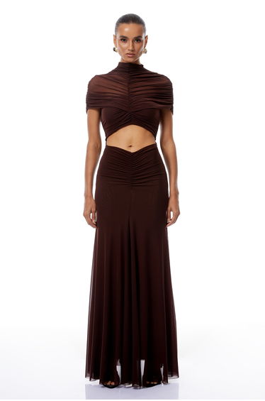Bruna Cut-Out Ruched Mesh Maxi Dress