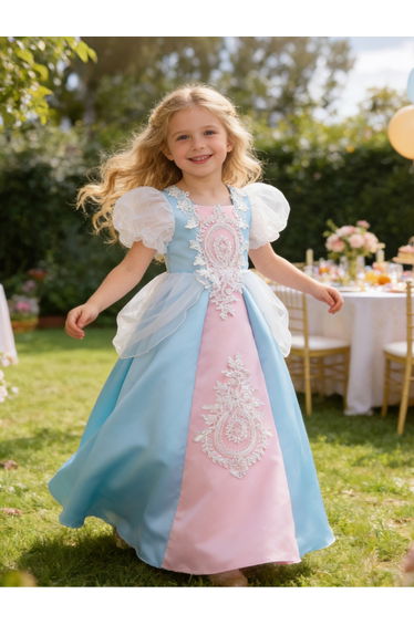 Blue Puff Sleeve Embroidered Dress