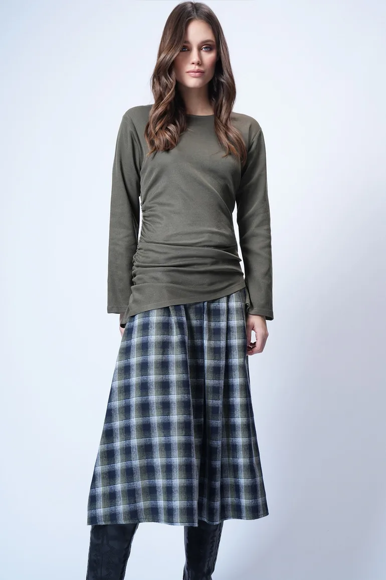 Women's Khaki Crew Neck Asymmetrical Cut Long Tunic