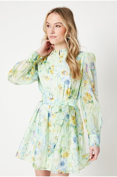 Sage Floral Organza Mini Shirt Dress