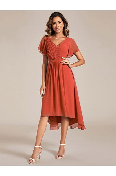 ever FAYE|Chic V Neck Asymmetrical Hem Ruffles Sleeve Pleated Chiffon Wedding Guest Dress