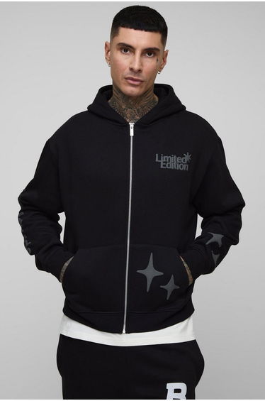Tall Oversized Boxy Worldwide Puff Print Zip Through Hoodie - black