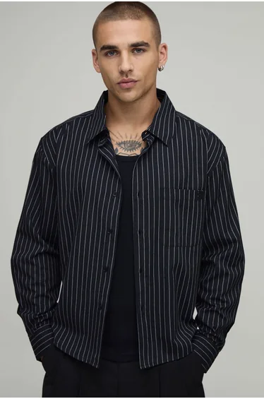 Oversized Boxy Curve Hem B Embroidery Stripe Shirt - black