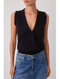Black Plain Double Breasted 100% Cotton Bluzan Knitwear Blouse - 2