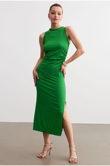 Women's Green Maxi Length Slit Waist Shirring Detail Crinkle Dress