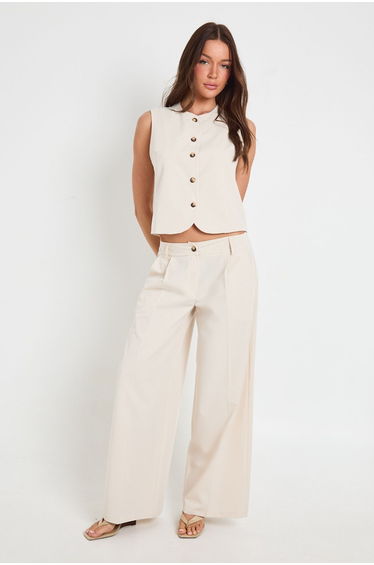 Pleated Wide Leg Tailored Trousers - ecru