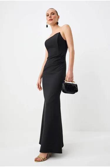Black Plain Woven Finike Maxi Evening Dress & Homecoming Dress