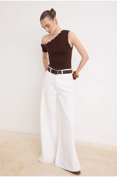 Brown Boat Neck Button Detailed Knitwear Blouse