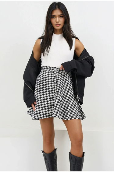 Black and White Patterned Buttoned Front Mini Flared Skirt