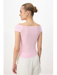 Pink Carmen Collar Bodycon Stretchy Crop Knitted Madonna Collar Blouse - 3