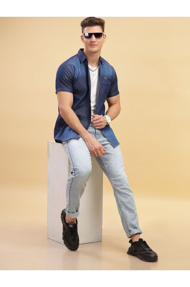 Men Blue Denim Short Sleeve Shirt