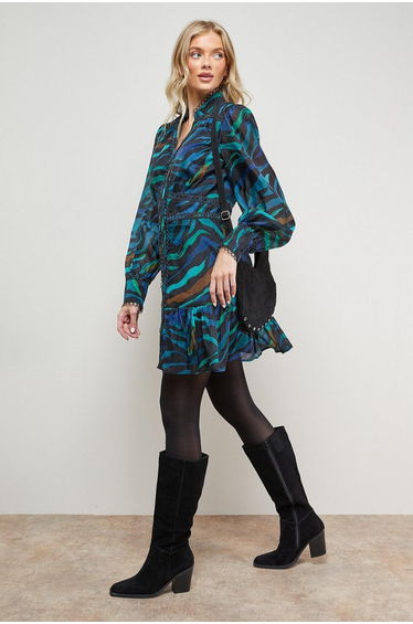 Printed Lace Trim Boho Shirt Mini Dress