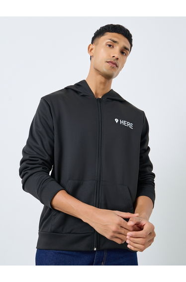 Men Black Slogan Print Hooded Jacket