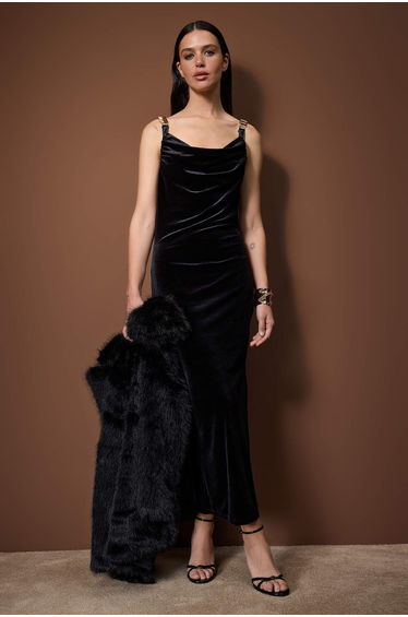 Black accessory detailed knitted velvet maxi unlined dress