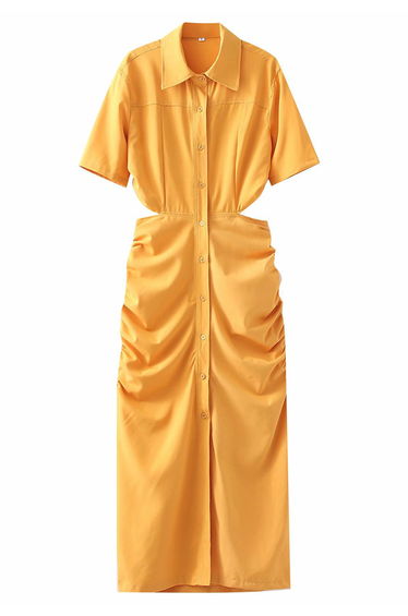 Cutout Waist Side Ruched Shirt Dress in Yellow