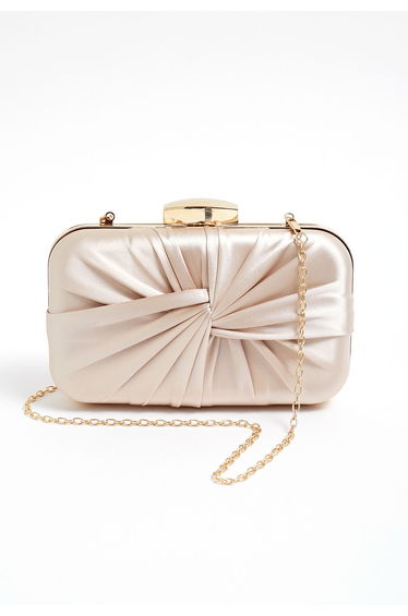 Ruched Knotted Satin Clutch in Champagne