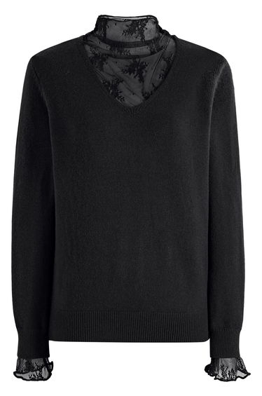 Floret Lace Inserted Mock Neck Knit Top in Black