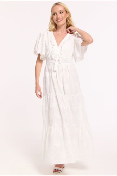 White Lace Trim Tiered Cotton Maxi Dress