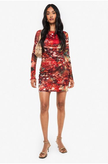 Abstract Mesh Cowl Detail Mini Dress - orange