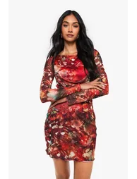 Abstract Mesh Cowl Detail Mini Dress - orange - 1