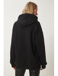 Women's Black Christmas Themed Hooded Raised Knitted Sweatshirt - 7