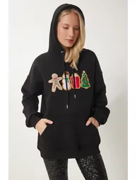 Women's Black Christmas Themed Hooded Raised Knitted Sweatshirt - 3