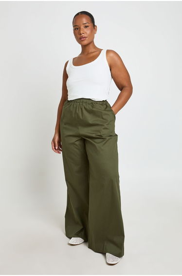 Plus Elasticated Wide Leg Trousers - khaki