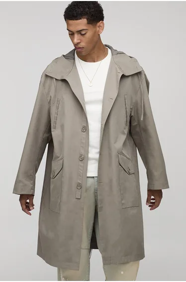 Regular Fit Long Length Hooded Parka Jacket - khaki