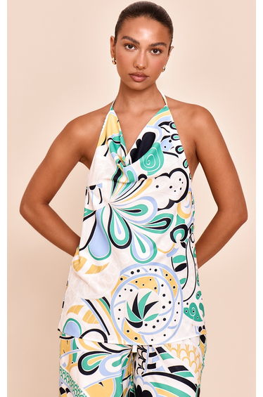 Multi Abstract Print Woven Halter Neck Floaty Long Top