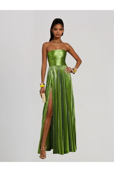 Nexirae Strapless Pleated Metallic Maxi Dress