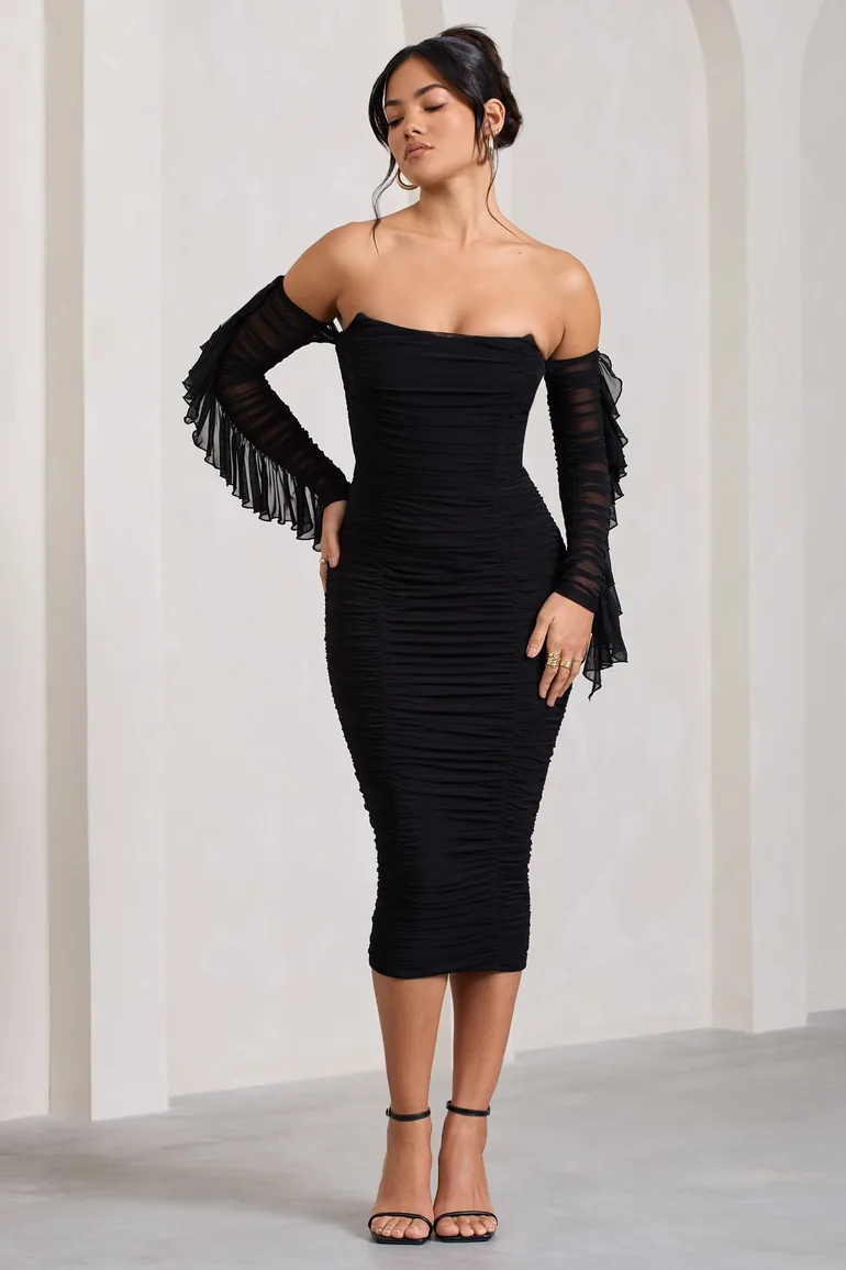 shape black mesh ruched bardot bodycon dress Shop Favor
