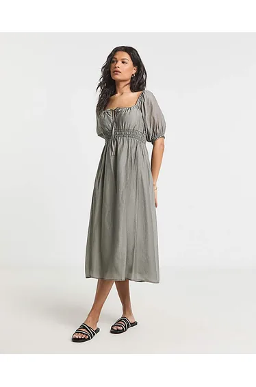 Sage Shirred Milkmaid Midi Dress