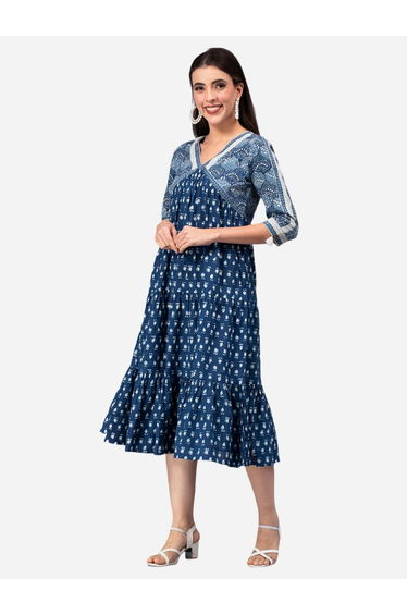 Cotton Floral Printed Flared Midi Dress