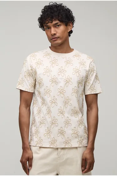 Slim Fit Heavyweight Floral Embroidered T-Shirt - ecru
